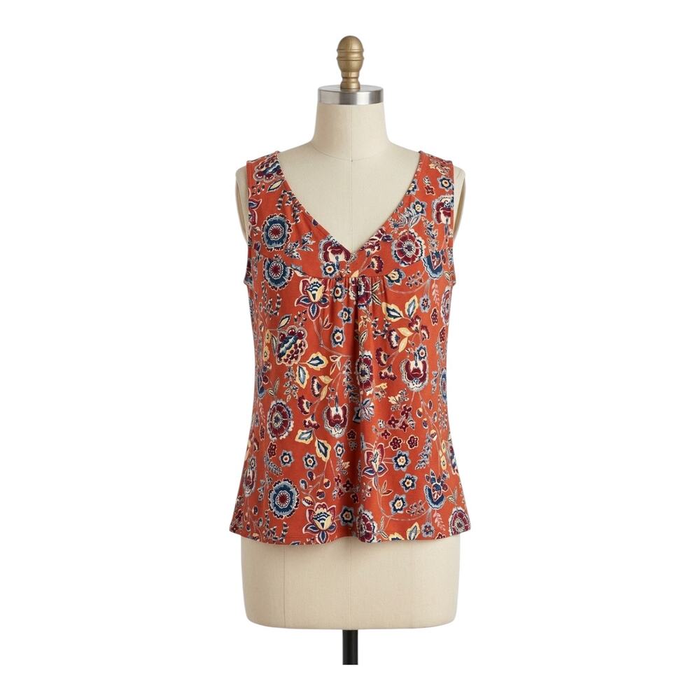 Floral Sleeveless Tank Top Boho Orange Rust Flowy Blouse Womens M - Picture 1 of 9
